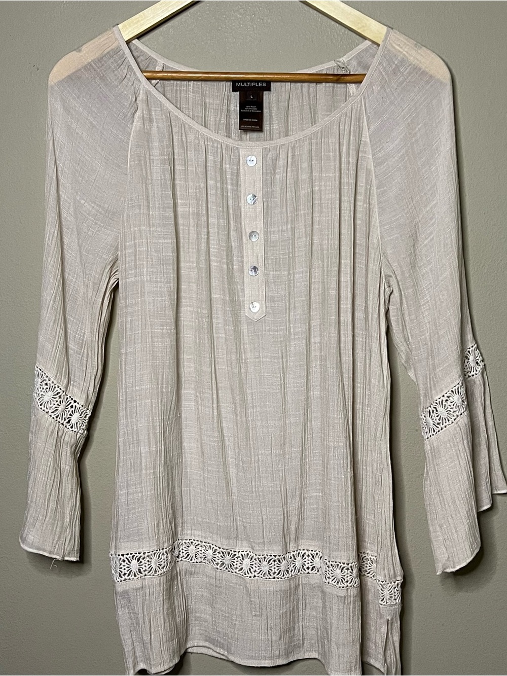 Multiples Bohemian Peasant Tunic Women Large Beige Semi Sheer Crochet Trim